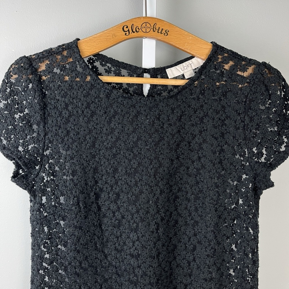 Ann Taylor LOFT Sheer Black‎ Top Shirt Womens S Nylon Mesh Floral Embroidered - Picture 2 of 6